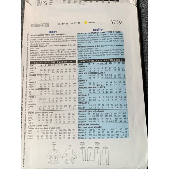 Butterick 3759 Sewing Pattern Shirt & Pants Women's Sizes 12 14 16 - uncut - Picture 2 of 2